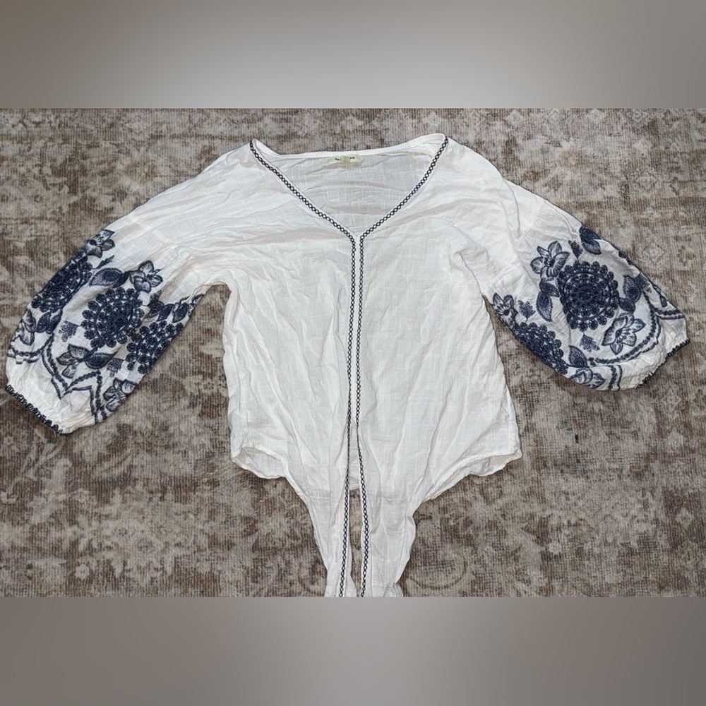 Max Studio White Top with Blue Floral Design